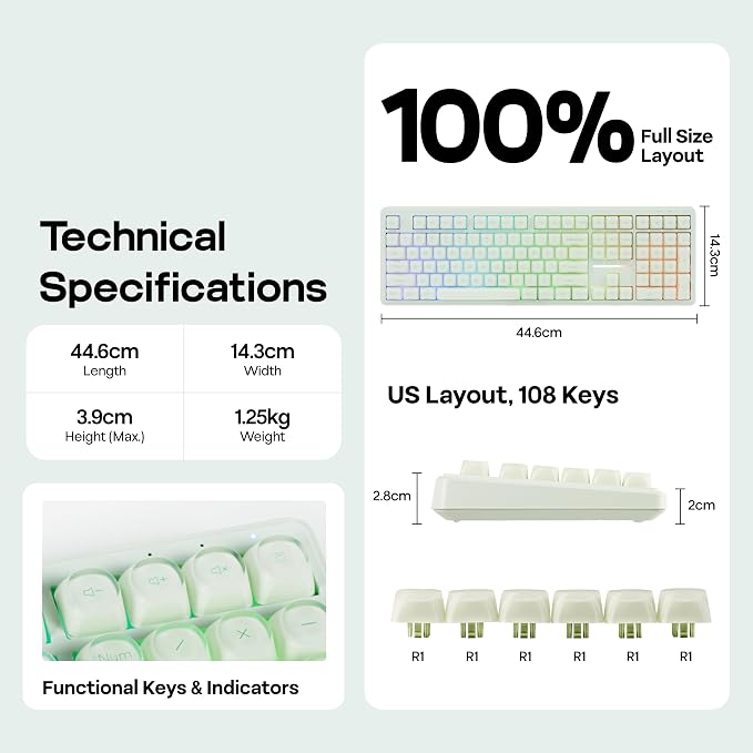 MechLands M108 100% Full Size Silent Office Keyboard with Number Pad | Wireless Creamy Membrane Keyboard with 5000mAh Battery for Office/Home/PC Game, RGB Backlight, 26-Key Rollover (Green) - Image 7