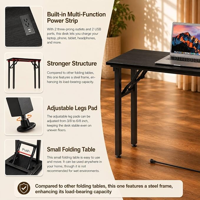Folding Table Computer Desk - 43.3" No Assembly Folding Desk with Power Outlets & USB Charging Port, Small Desk, Foldable Office Desk, Compact Storage Portable Use for Small Space, Dark Oak - Image 8