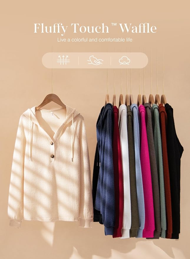 Dokotoo Hoodies for Women Waffle Knit Long Sleeve Drawstring Button V Neck Casual Sweatshirt Hooded Tops Fashion Clothing - Image 6