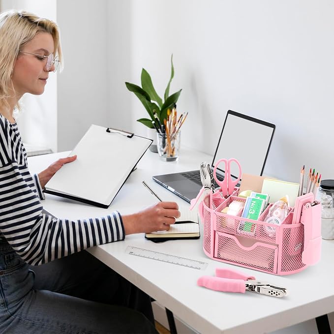 17 in 1 Pink Desk Organizers and Accessories Set, 3 Office Desk Supplies Storage Organization, 4 Pens, Stapler, Staples & Remover, Tape & Dispenser, Scissors, Ruler, Clips, Hole Punch, Back to School - Image 9
