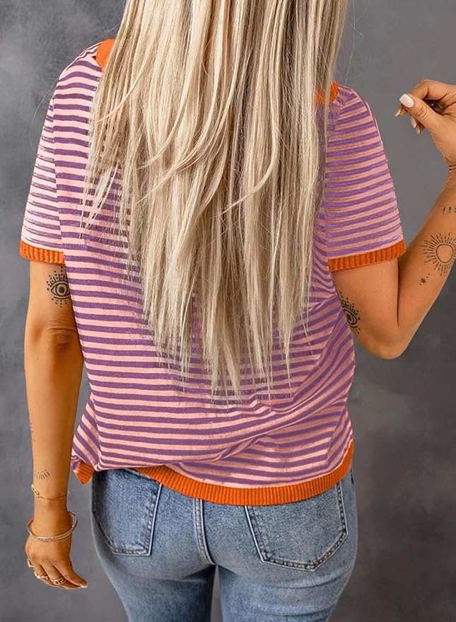 Dokotoo Womens Tops 2026 Casual Summer Crewneck Short Sleeve Striped Color Block Knit High Low Trendy Pullover Sweaters - Image 4