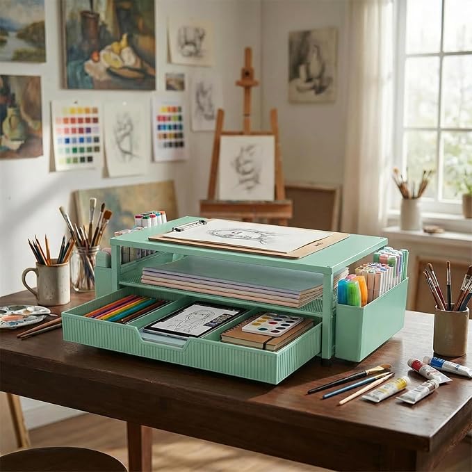 ECOLOVI Desk Organizer and Accessories, 2-Tier Computer Monitor Stand Rise with Storage Drawer & 2 Pen Holders, Laptop & Printer Stand for Desktop, Workspace Organizers for Office Supplies (Green) - Image 9