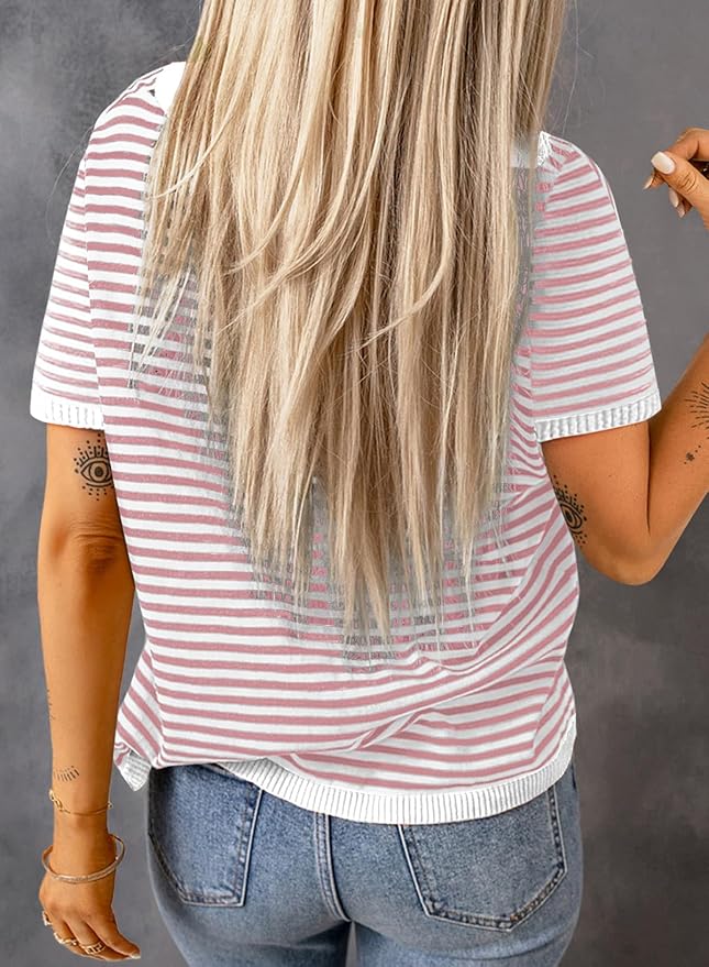 Dokotoo Womens Tops 2026 Casual Summer Crewneck Short Sleeve Striped Color Block Knit High Low Trendy Pullover Sweaters - Image 4