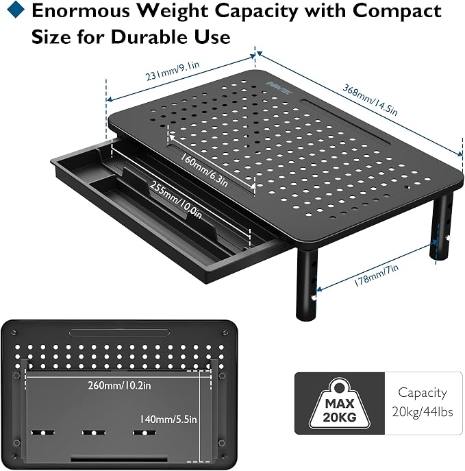 BONTEC 1 Pack Adjustable Monitor Stand Riser with Drawer, Supports 44lbs | Ergonomic Mesh Platform for Desk, Ventilated Laptop and PC Use with Cable Management for a Cooler, Organized Workspace - Image 7