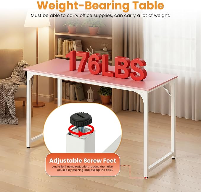 PayLessHere | 47 Inch Computer Desk | Pink | Office Desk with Metal Frame, Adjustable Feet | Water-Resistant, Scratchproof Surface | Sturdy Writing Table for Home Office or Study | Pack of 1 - Image 7