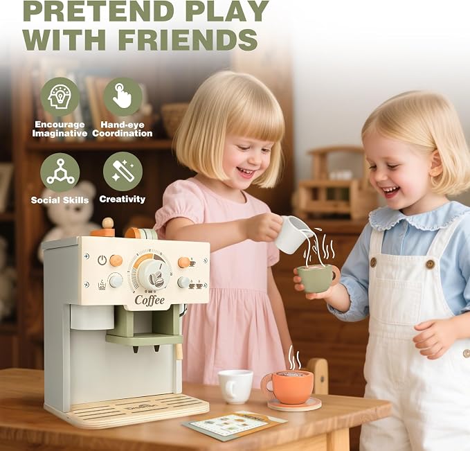 Toy Coffee Maker Wooden Kitchen Accessories for Kids Pretend Play, Green | Dreamon Kids Coffee Playset, Built-in Storage, Montessori Kitchen Toys for Toddlers Age 3-5 Creative Christmas Birthday Gifts - Image 6