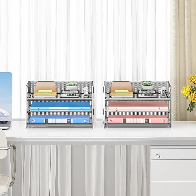 Subekyu 2-Pack 3-Tier Silver Metal Mesh Desk Paper Letter Tray & File Sorter Organizer with Handle + 1 Sliding Tray for Desk, Home, Office, School Supplies, A4 Paper and Accessories Storage - Image 6