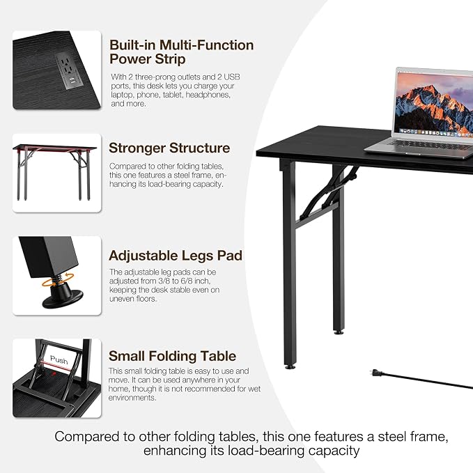 TEMI Small Computer Desk Folding Table - No Assembly, Compact 44.3" Foldable Desk with Power Outlets & USB Charging Port, Portable Small Office Desk, Ideal Mini Study Table, Dark Oak - Image 9