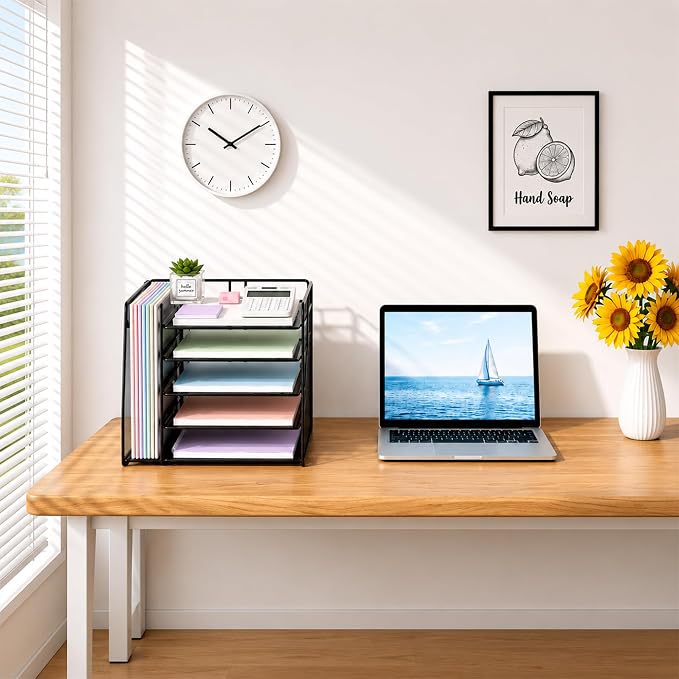 OPNICE Desk Organizers and Accessories, 5-Tier Paper Organizer Letter Tray with Magazine Holder, Office Desk Accessories & Workspace Organizers, Desktop File Organizer for Office Supplies, Black - Image 7