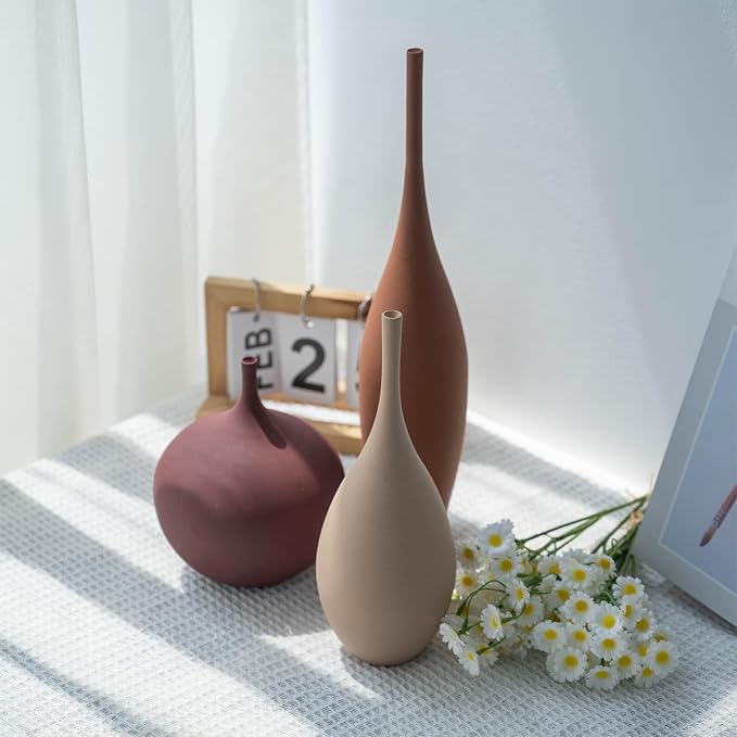Relexome Ceramic Modern Vase Set of 3 Farmhouse Decorative Vase Minimalist Aesthetic Vases for Centerpieces Matte Ribbed Vases for Home Decor Table Entryway Living Room (Brown+Khaki+ Dark Red) - Image 7