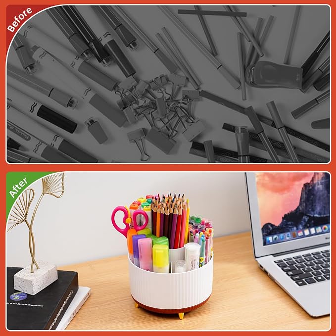 Marbrasse Desk Organizer, 360-Degree Rotating Pen Holder, Desk Organizers and Accessories with 5 Compartments Pencil Holder, Art Supply Storage Box Caddy for Office, Home (White+Red) - Image 7