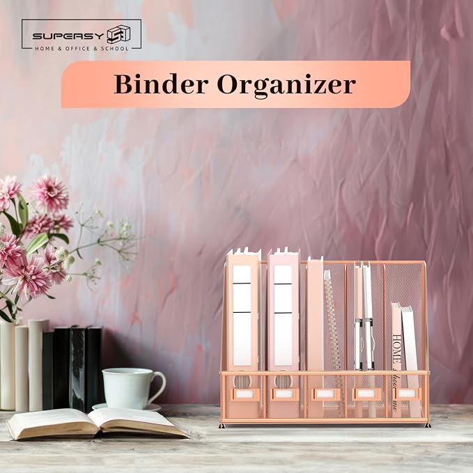 SUPEASY Desk Organizers Metal Desk Magazine File Holder with 5 Vertical Compartments Rack File Organizer for Office Desktop, Home Workspace, Rose Gold, Plus - Image 7