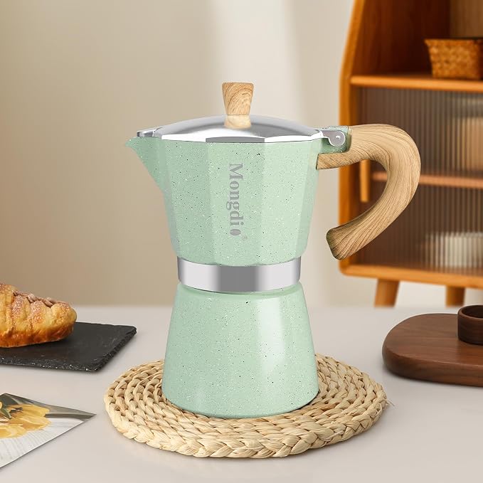 Mongdio Stovetop Espresso Maker Moka Pot, Cuban Coffee Maker Stove top coffee maker Moka Italian Espresso Greca Coffee Maker Brewer Percolator, 6 Espresso Cups, 10 oz - Green - Image 8