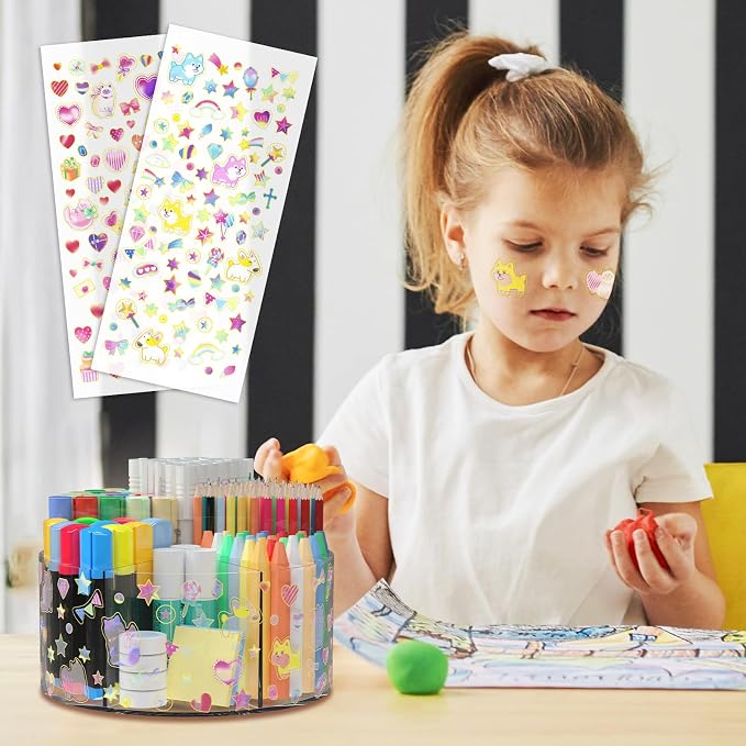 Acrylic Pen Holder for Desk Organizer Holder with 2 Adhesive DIY Stickers | Marker Holder Organizer with 2 Cute Sticker, 360 Degree Office Supply Organizer Clear Pencil Holder for Kid 6 Compartments - Image 8