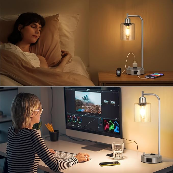 Industrial Table Lamps for Bedrooms Set of 2 - Fully Dimmable Bedside Lamps with USB A and C Ports and Outlet, Nickel Nightstand Lamps with Glass Shade for Living Room, Desk Lamps for Office Reading - Image 6