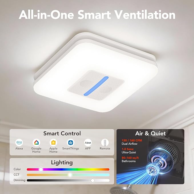 OREiN Matter Smart Bathroom Fan with Light – Humidity Sensor, 130–160 CFM Ventilation, Ultra-Quiet 1.0 Sone, Tunable White & Custom RGB, Dual Bluetooth Speakers, Compatible with Alexa & Google Home - Image 9