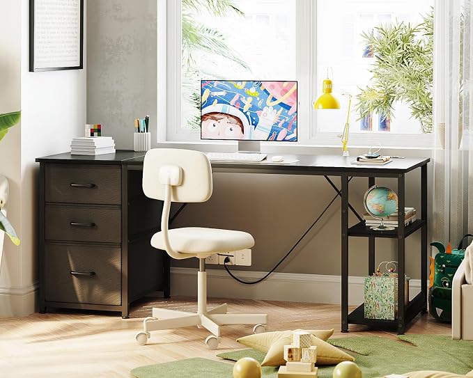 AODK 63 Inch Computer Desk with Drawers & USB Power Outlets | Reversible Home Office Desk with Storage Shelves, Work from Home, Modern Work/Writing/Study Table for Bedroom, Black - Image 7