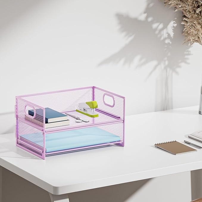 Marbrasse 2 Tier Paper Organizer Letter Tray, Mesh File Organizer with Handle, Paper Sorter Desk Organizer for Home Office Supplies - Purple - Image 6
