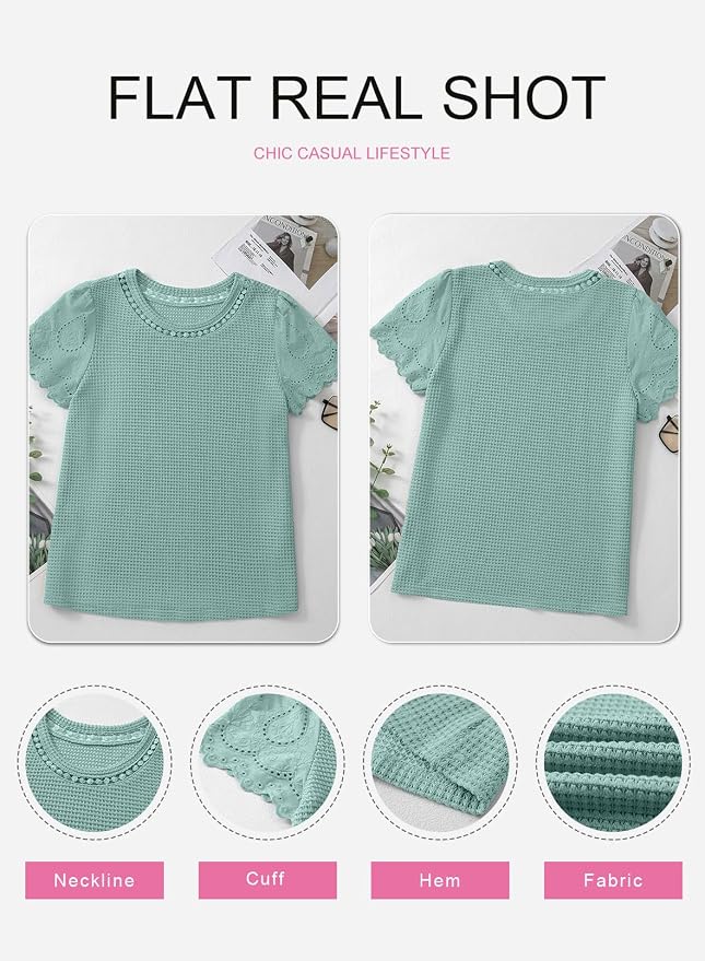 SHEWIN Womens Frenchy Summer Tops Crewneck Short Sleeve T Shirts Casual Waffle Knit Jacquard Blouses Top Shirts - Image 8