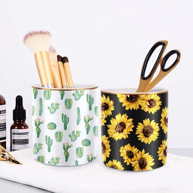 Pen Holder, Cute Pencil Holder for Desk, Makeup Brush Holder Floral Pattern, Pencil Cup for Girls Women, Durable Ceramic Desk Organizer Flower Decor for Office, Classroom, Sunflower - Image 8