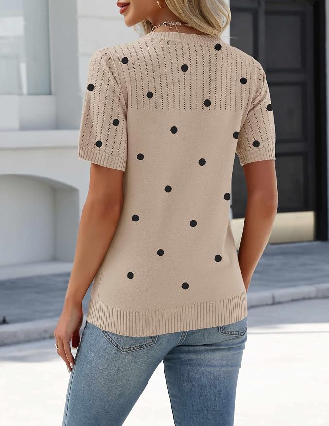 Zeagoo Women's Short Sleeve Sweater Tops 2026 Spring Summer Crew Neck Hollow Out Blouses Dressy Business Casual Outfits - Image 5