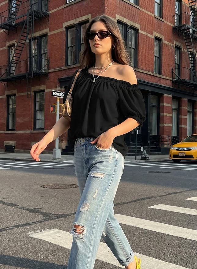 EVALESS Womens Tops Off The Shoulder Blouses for Women Dressy Casual Cute Puff Sleeve T Shirts Fashion 2026 - Image 6