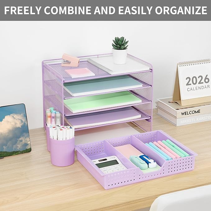 LEKETREE Desk Organizers and Accessories, 5-Tier Paper Letter Tray Organizer with Drawer & 2 Pen Holders, Desktop Organizer for Office Supplies (Purple) - Image 7