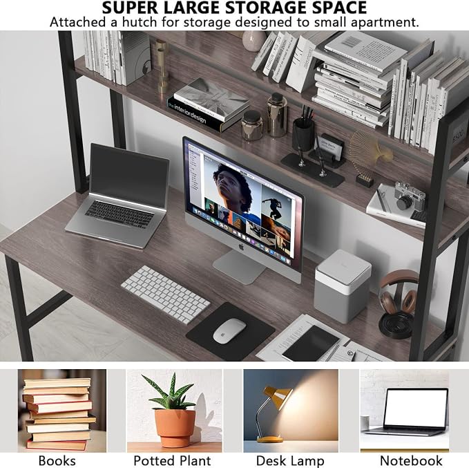 Aquzee Desk with Hutch Bookshelves, Computer Desk with 3 Tiers Storage Shelves, Space Saving Design Black Metal Legs Desk with Grey Board, Easy Assemble - Image 7