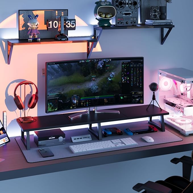 TEAMIX Black 42 inch Dual Monitor Riser,Wood and Steel Long Monitor Stand for 2 Monitors with Storage Large TV Riser Computer Laptop Stand for Desk Office Organization - Image 6