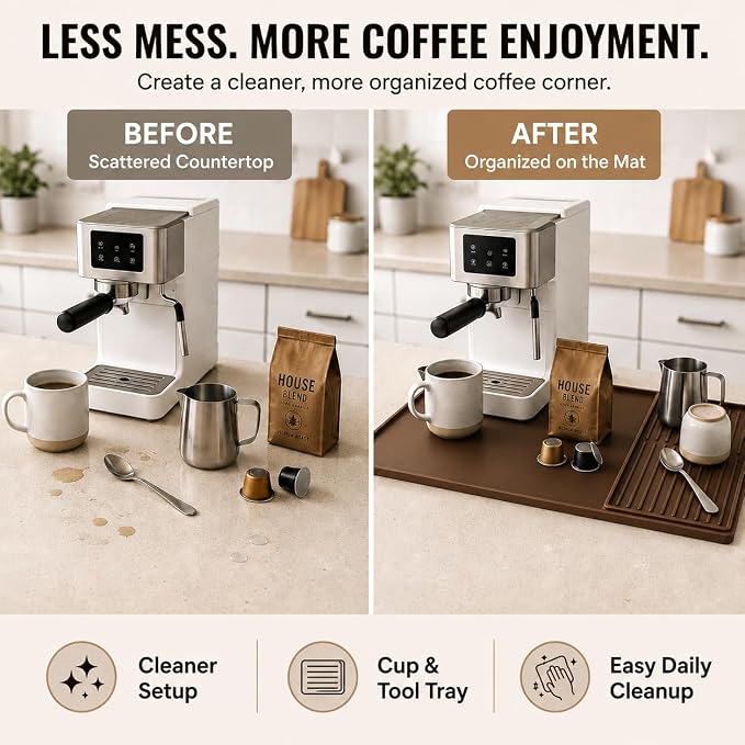 Silicone Coffee Mat 24 x 16 in with Tray, Classic Coffee Brown | Coffee bar mat for countertop use, coffee station mat or coffee machine mat with removable tray and 0.47 in raised rim. - Image 9