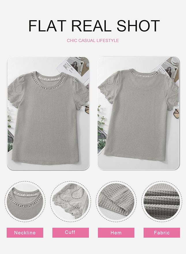 SHEWIN Womens Frenchy Summer Tops Crewneck Short Sleeve T Shirts Casual Waffle Knit Jacquard Blouses Top Shirts - Image 8