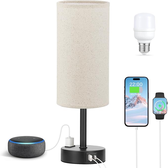 Fenmzee Beige Touch Table Lamp for Bedroom - 3 Way Dimmable Bedside Lamp USB C Charging Ports and AC Outlet, Small Lamp with Fabric Shade Black Base for Living Room, Office Desk, LED Bulb Included - Image 6