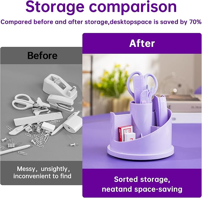 deli Office Supplies Set, Desk Accessory Organizer Kit, Purple | Stationary Set, Desk Supplies with Rotating Multi-Functional Pen Holder &Stapler Set for Office, School, Home - Image 7