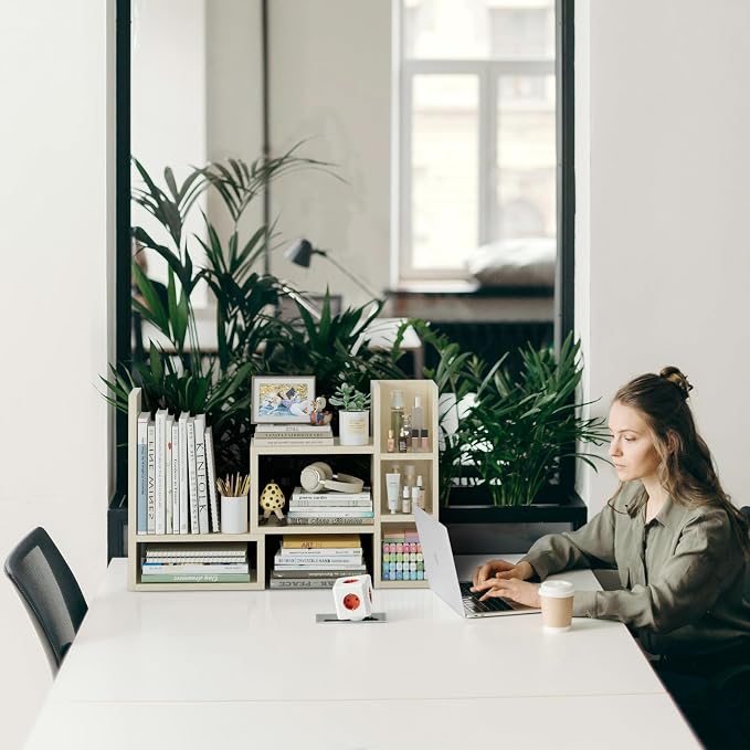 NUTIKAS Desk Shelves Desktop Organizer Shlef - Natural Wood Tone Office Organization for Top of Desk Organizers and Accessories Corner Bookshelf Table Top Shelving Small Hutch Decorations for Office - Image 9
