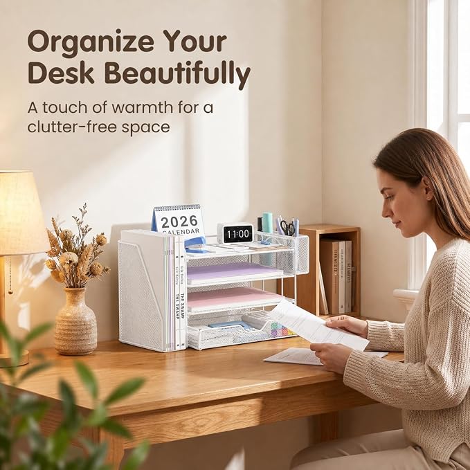 OPNICE Desk Organizers and Accessories, 4-Tier Desktop File Organizer with Drawer and Pen Holders, Office Desk Accessories Workspace Organizers for Office Supplies (White) - Image 7