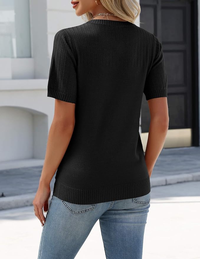 Zeagoo Women's Short Sleeve Sweater Tops 2026 Spring Summer Crew Neck Hollow Out Blouses Dressy Business Casual Outfits - Image 5