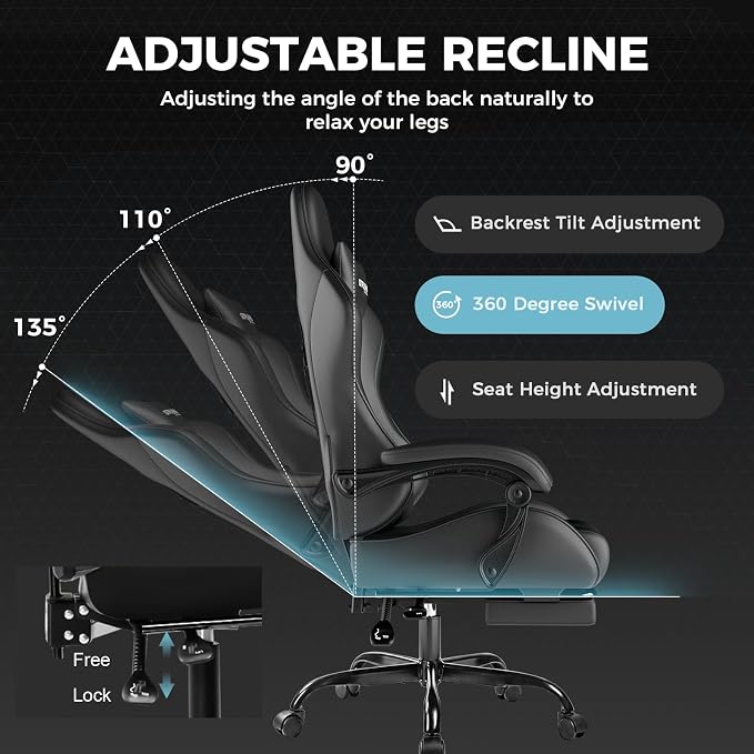 GTPLAYER Gaming Chair, Computer Chair with Footrest and Lumbar Support, Height Adjustable Game Chair with 360°-Swivel Seat and Headrest and for Office or Gaming (Faux Leather, Black) - Image 7