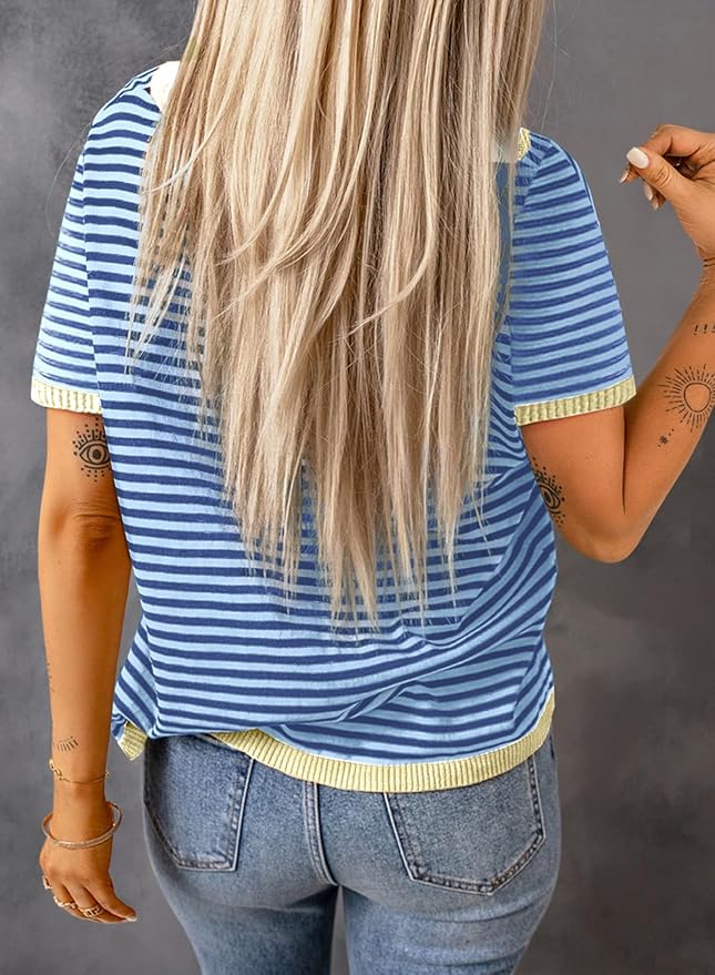 Dokotoo Womens Tops 2026 Casual Summer Crewneck Short Sleeve Striped Color Block Knit High Low Trendy Pullover Sweaters - Image 4