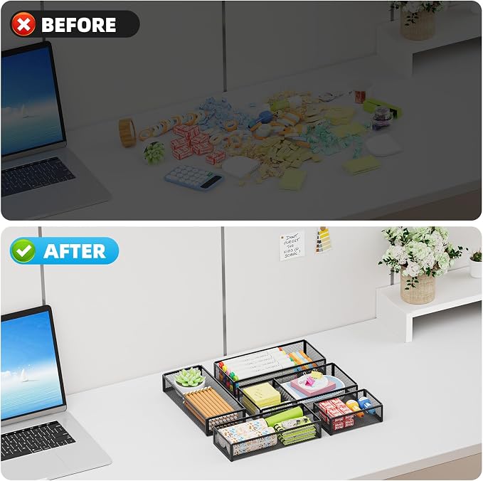 Marbrasse 5 Pack Desk Drawer Organizer Set, Mesh Drawer Storage Trays with 1 Adjustable Divider, Desk Organizers and Accessories, 5 PCS Drawer for Office Supplies, Makeup & Vanity (Black) - Image 7