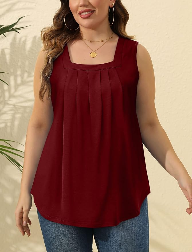 Saloogoe Summer Tank Tops for Women Loose Fit Pleated Square Neck Sleeveless Tops Curved Hem Flowy - Image 5