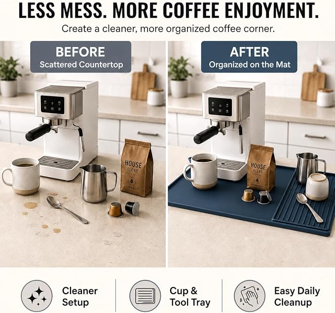 Silicone Coffee Mat 24 x 16 in with Tray, Deep Sea Blue | Coffee bar mat for countertop use, coffee station mat or coffee machine mat with removable tray and 0.47 in raised rim. - Image 9