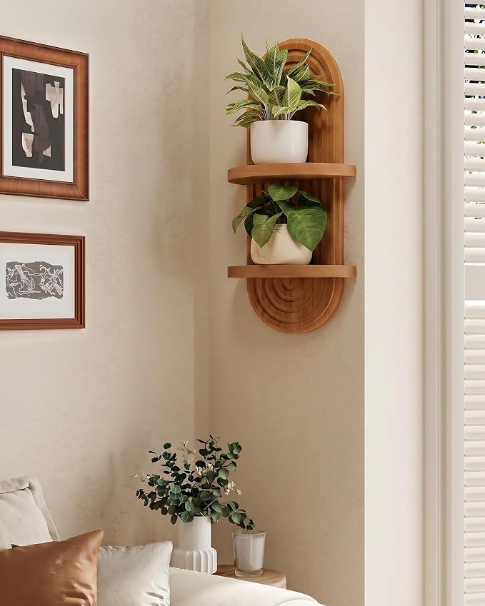 Bamworld Boho Wall Decor Brown Plant Wall Shelf Mid Century Modern Decor Hanging Plant Shelf 22in 2 Tier Wooden Floating Shelves Brown - Image 7