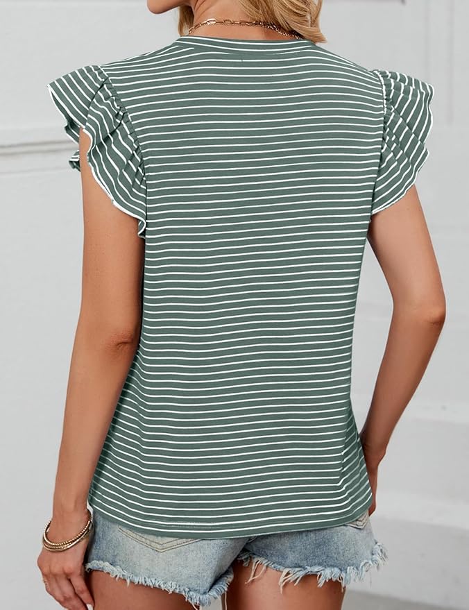 JUSTFASHIONNOW Womens Summer Tops Striped T-Shirts 2026 Ruffle Short Sleeve Crew Neck Casual Blouses with Pocket - Image 7