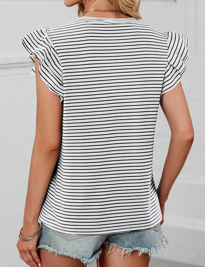 JUSTFASHIONNOW Womens Summer Tops Striped T-Shirts 2026 Ruffle Short Sleeve Crew Neck Casual Blouses with Pocket - Image 4