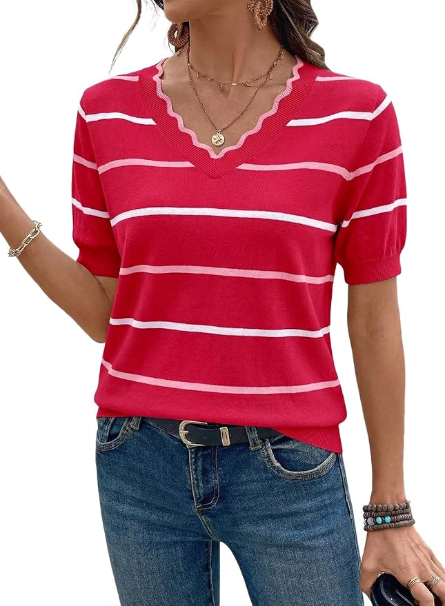 Dokotoo Womens Summer Short Sleeve Knit Tops 2026 Spring Trendy Casual V Neck Striped Sweater Blouses - Image 4
