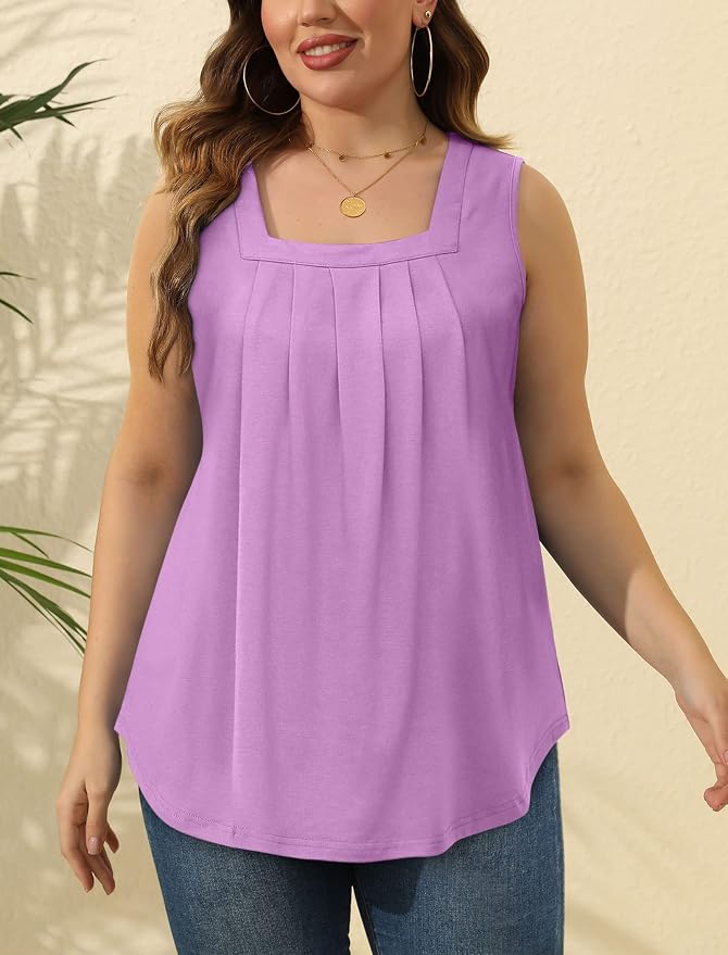 Saloogoe Summer Tank Tops for Women Loose Fit Pleated Square Neck Sleeveless Tops Curved Hem Flowy - Image 6