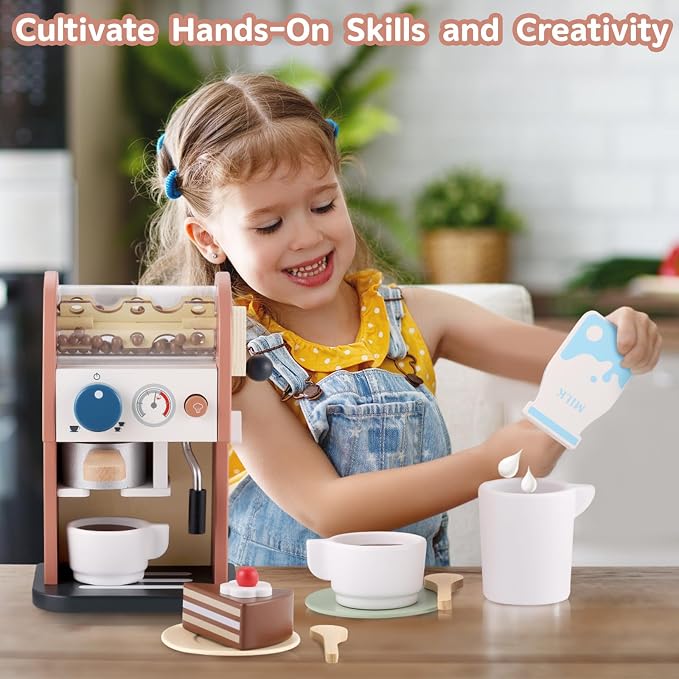 GAGAKU Wooden Coffee Maker Toy 14 pcs Play Kitchen Accessories Toy Coffee Maker for Kids Pretend Playset Toddler Coffee Maker Gifts for Boys and Girls - Image 8