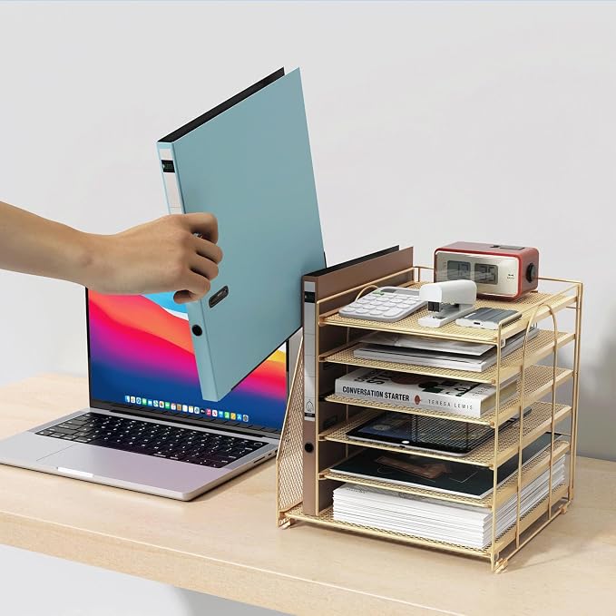 gianotter 6-Tier Paper Organizer With Magazine Holder | Desk Organizers and Accessories, File Organizer for Office Supplies Storag (Gold, 6-Tier) - Image 6