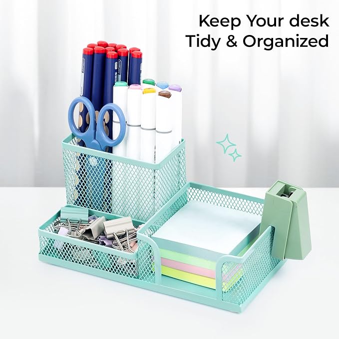 M&G Mesh Pen Holder Desk Organizers Pencil Holder for Desk Light Blue, 3 Compartments Metal Office Supply Organizer with Sticky Notes Holder for Home Office - Image 7