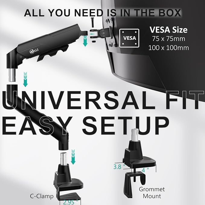 WALI Heavy Duty Single Monitor Arm for 17-49 Inch Flat Curved Ultrawide Screens, up to 33 Lbs, Adjustable Single Monitor Desk Mount for Home Office Gaming, VESA 75/100mm (GSM001XLN), Black - Image 8